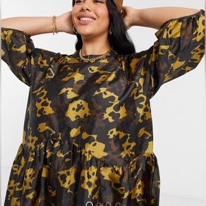 ASOS Curve Plus High Neck Puff Sleeve taffeta mini dress in camo print